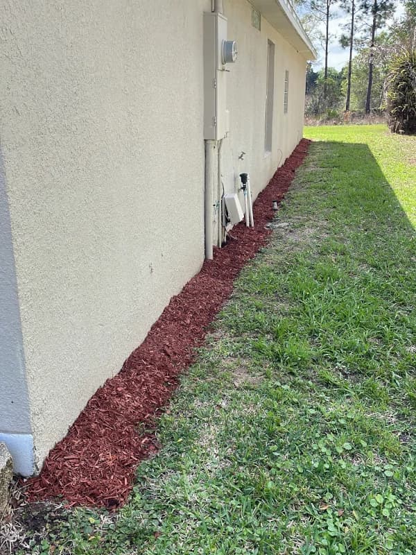 Narrow side bed refreshed with red mulch along the wall of a house