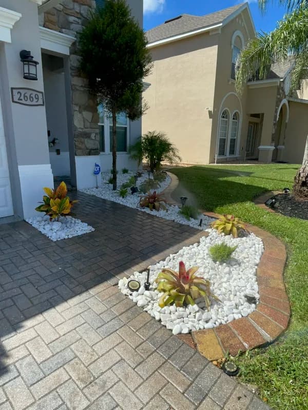 White rock bed with bromeliads curving along a paver driveway