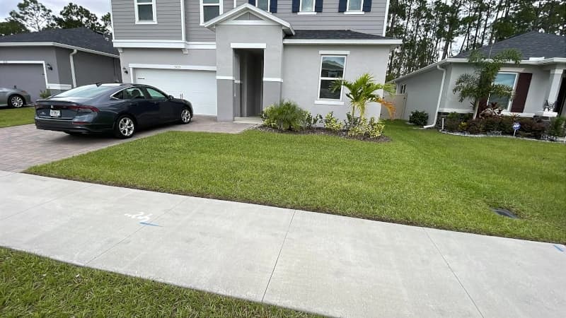 Mowed and edged front lawn in front of a two-story home with palms and a planted bed