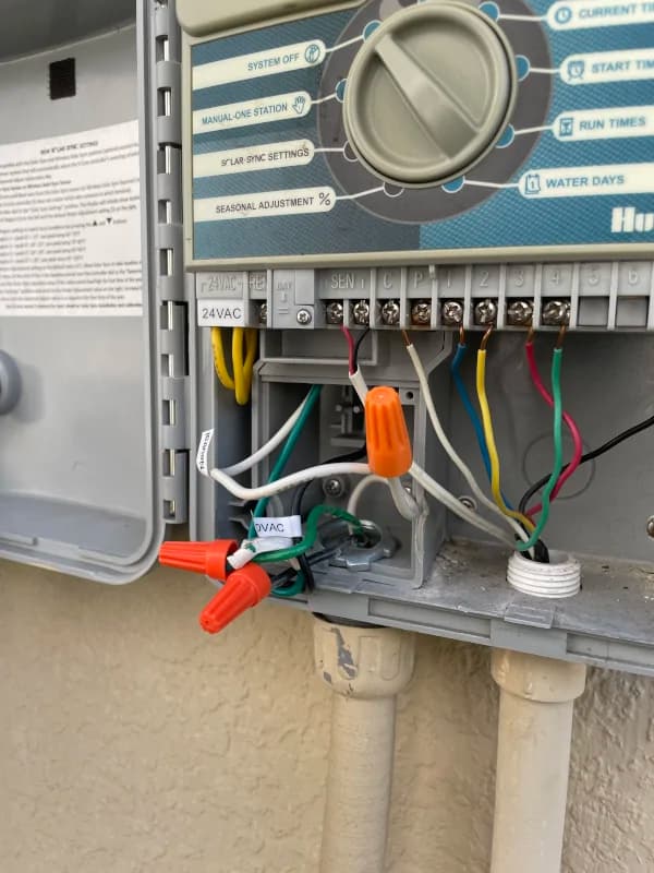 Wiring inside an open sprinkler controller