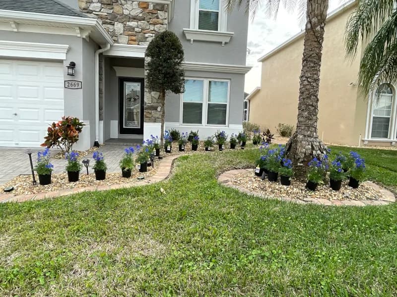 Curved front bed with new shrubs, flowering plants and a concrete curb border